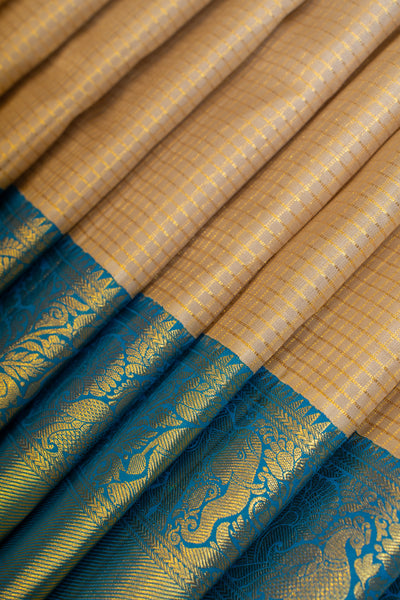 Beige and blue Zari checks pure Kanchipuram silk saree