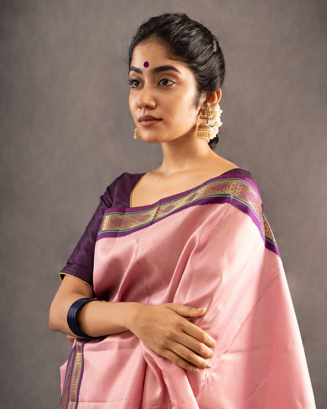 Blush Pink and Purple Pure Zari Kanchipuram Silk Saree - Clio Silks