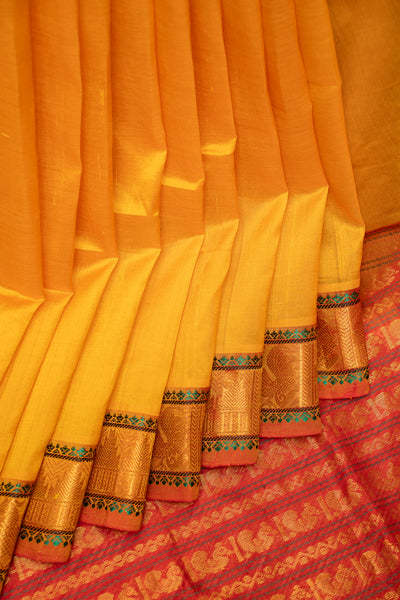 Yellow and Red Pure Handloom Silk Cotton Saree - Clio Silks