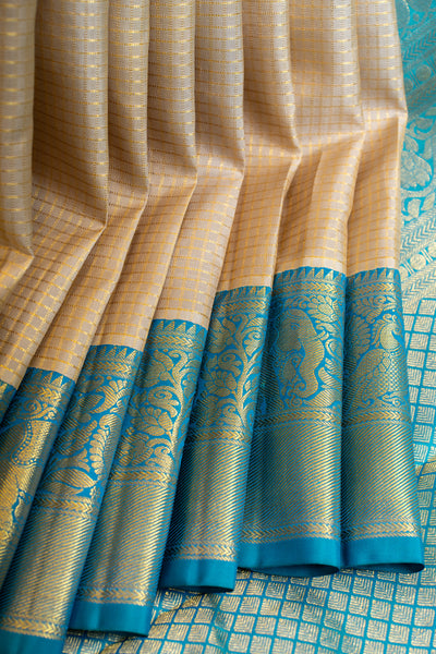 Beige and blue Zari checks pure Kanchipuram silk saree