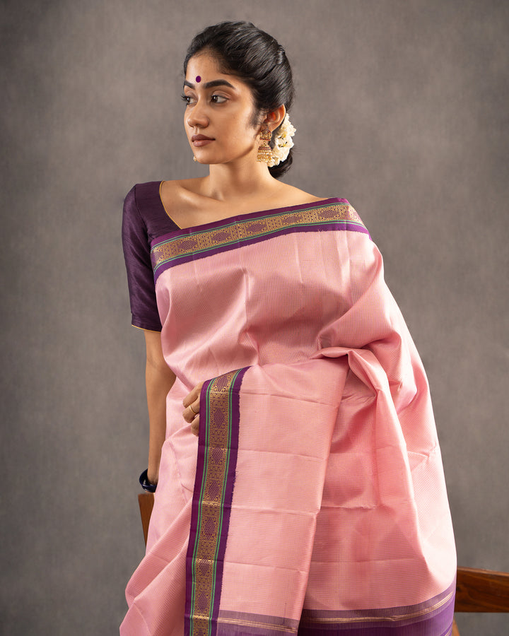 Blush Pink and Purple Pure Zari Kanchipuram Silk Saree - Clio Silks