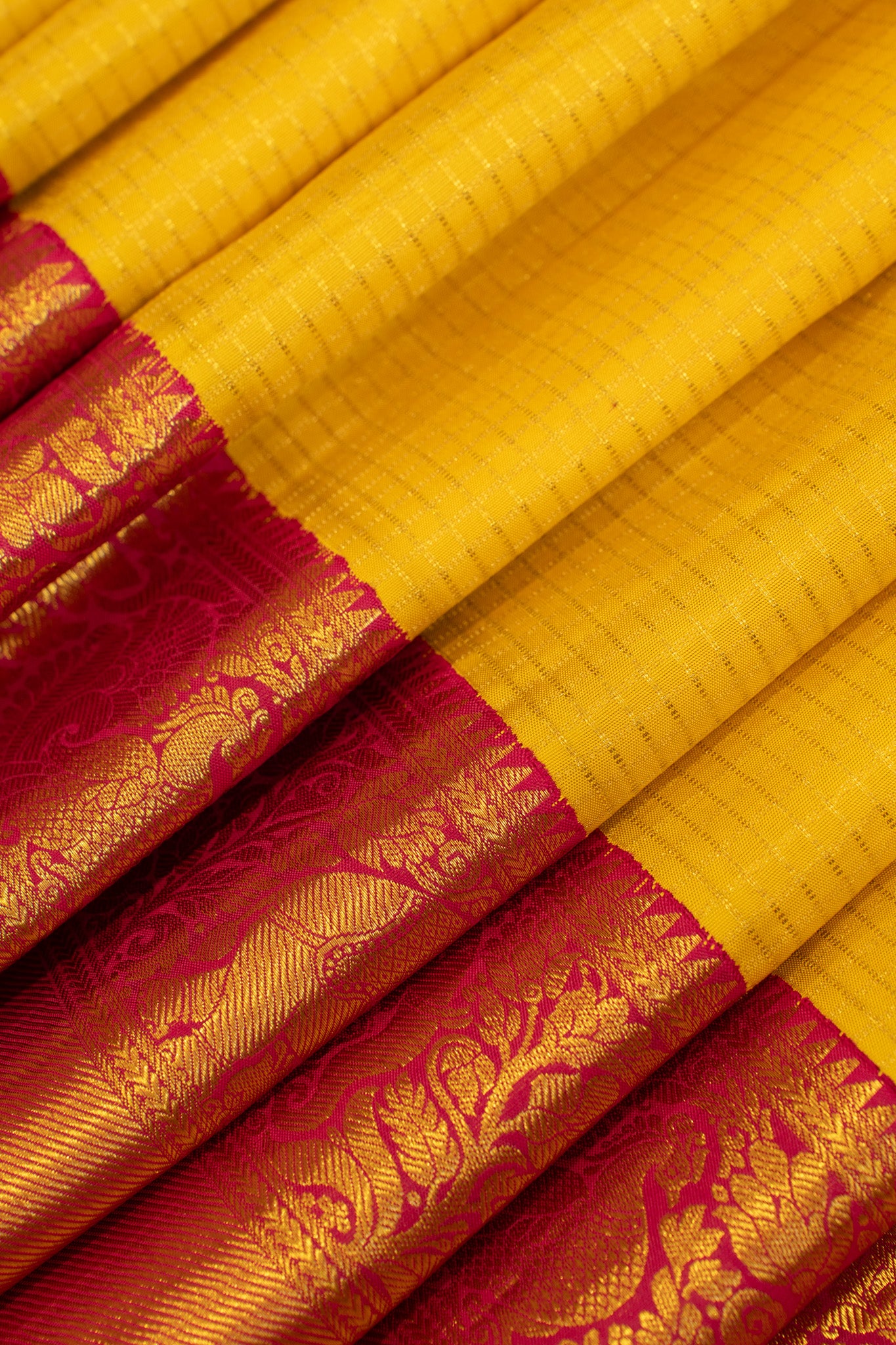 Yellow and pink zari checks pure Kanchipuram silk saree