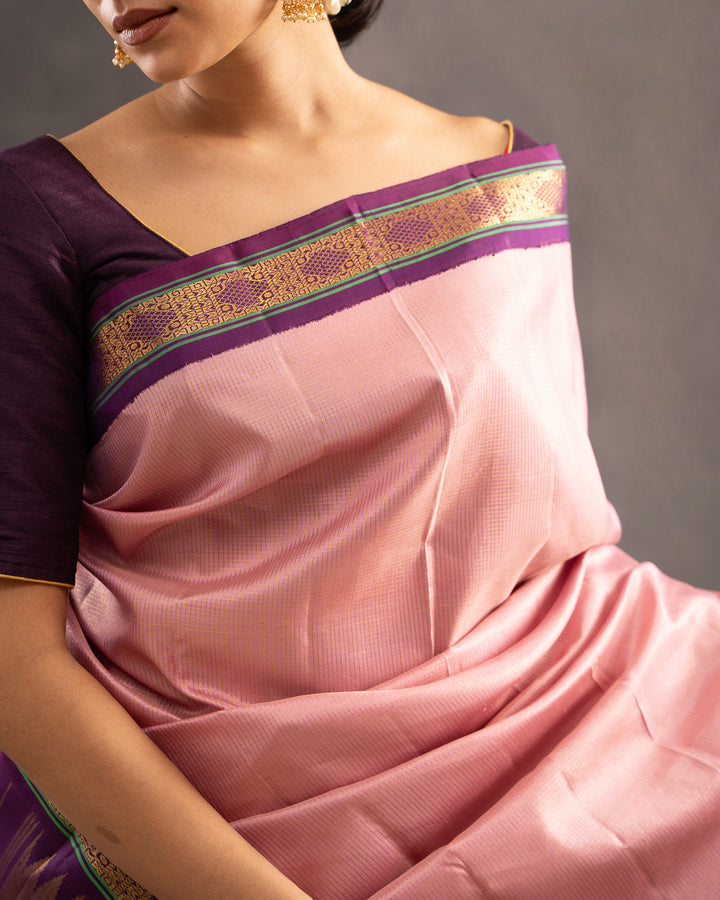 Blush Pink and Purple Pure Zari Kanchipuram Silk Saree - Clio Silks