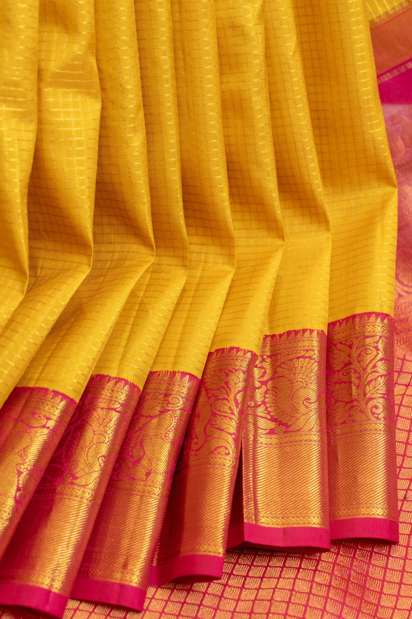 Yellow and pink zari checks pure Kanchipuram silk saree