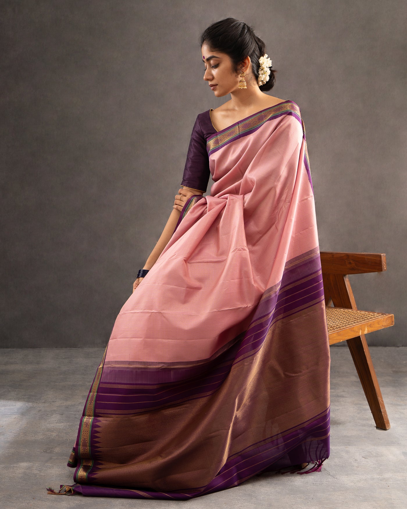 Blush Pink and Purple Pure Zari Kanchipuram Silk Saree - Clio Silks