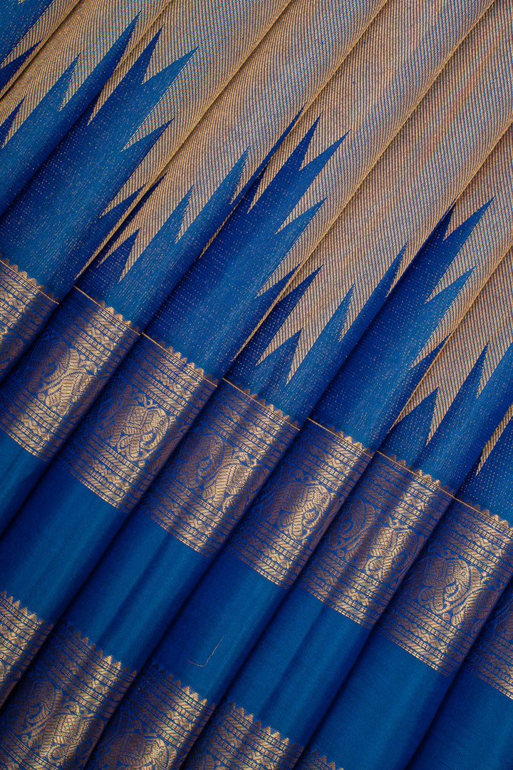 Peacock Blue Temple Brocade Pure Kanchipuram Silk Saree