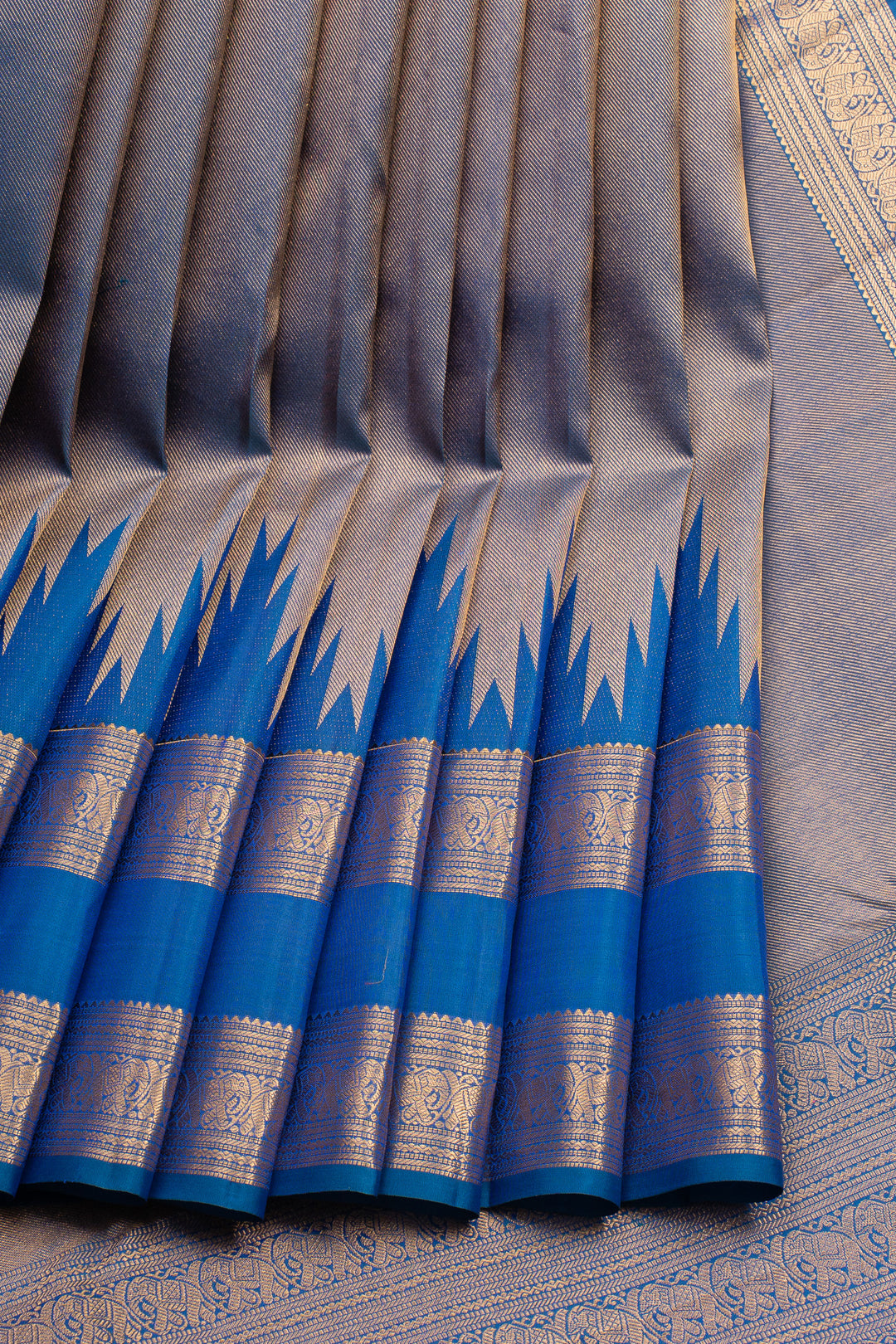 Peacock Blue Temple Brocade Pure Kanchipuram Silk Saree