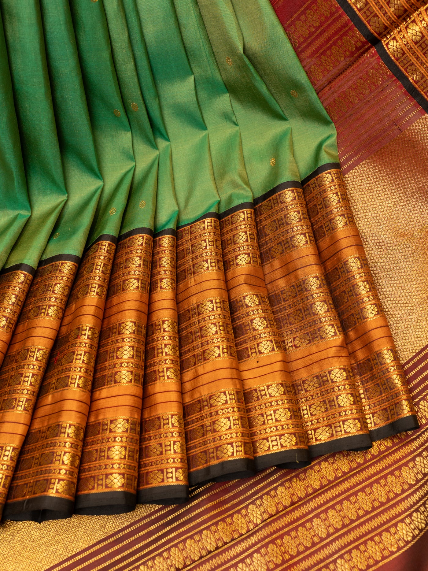 Clover green and mustard pure zari Kanchipuram silk saree