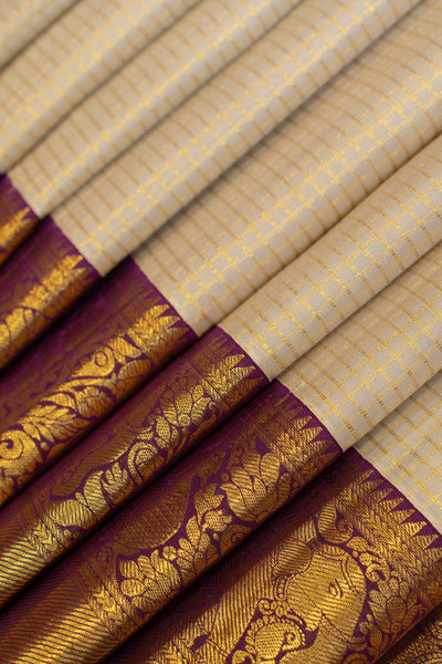 Ice blue and jamun checks pure Kanchipuram silk saree