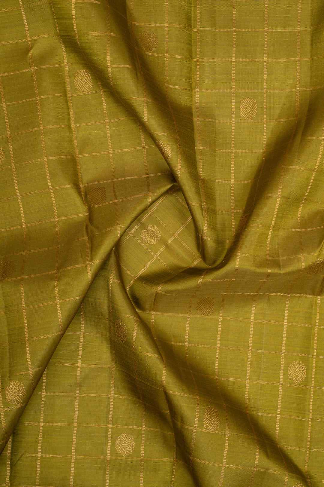 Mehandi Green Zari Checks Pure Kanchipuram Silk Saree