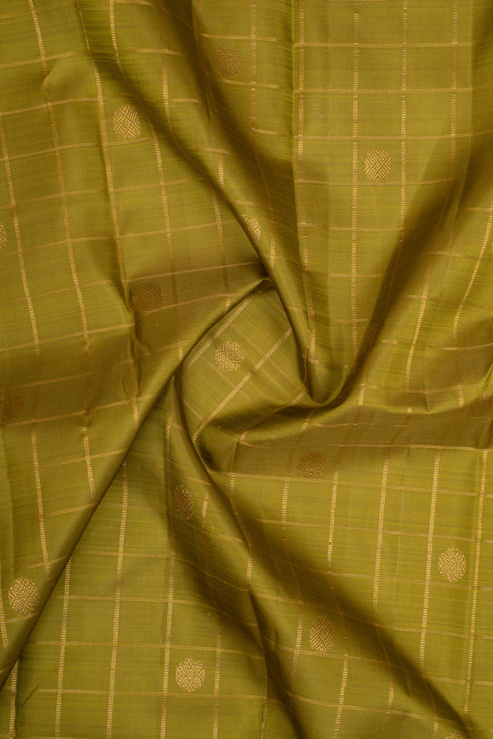 Mehandi Green Zari Checks Pure Kanchipuram Silk Saree