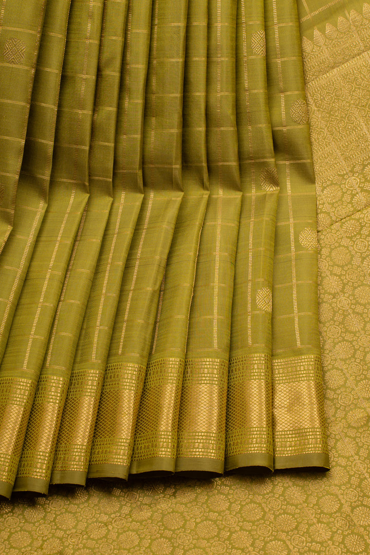 Mehandi Green Zari Checks Pure Kanchipuram Silk Saree