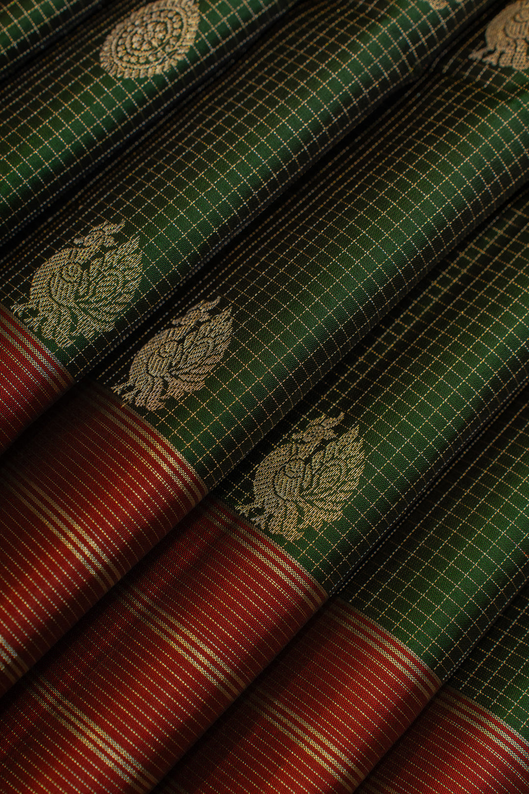 Bottle green and maroon pure soft silk saree