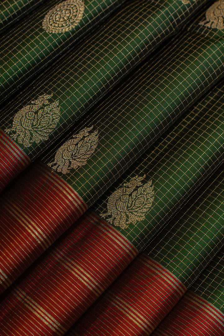 Bottle green and maroon pure soft silk saree