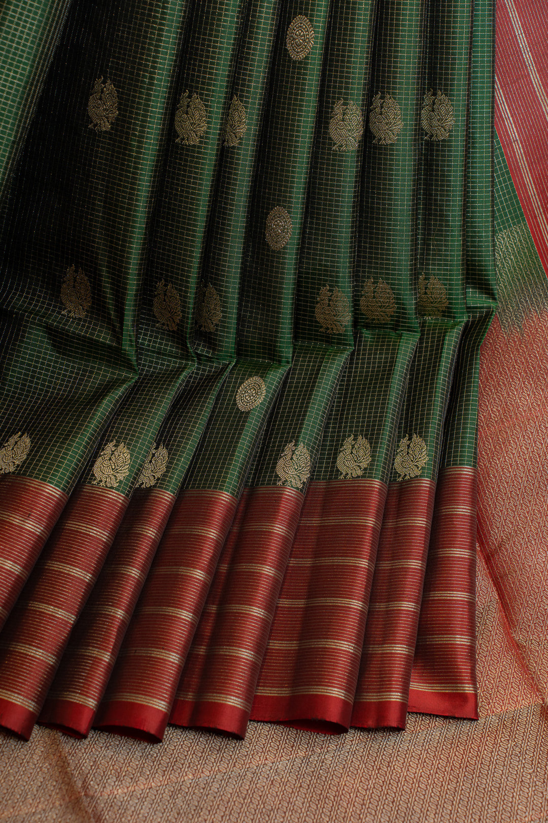 Bottle green and maroon pure soft silk saree