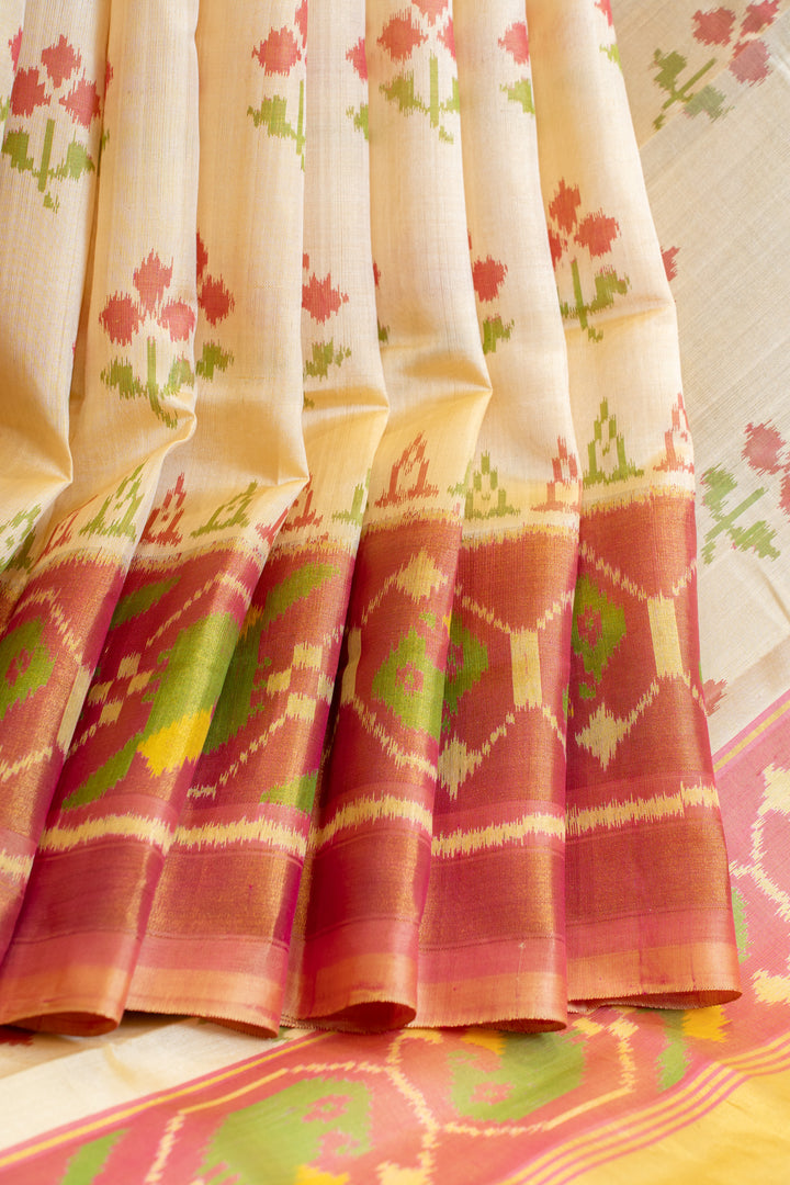 Off white and rust pure ikat patan patola silk saree