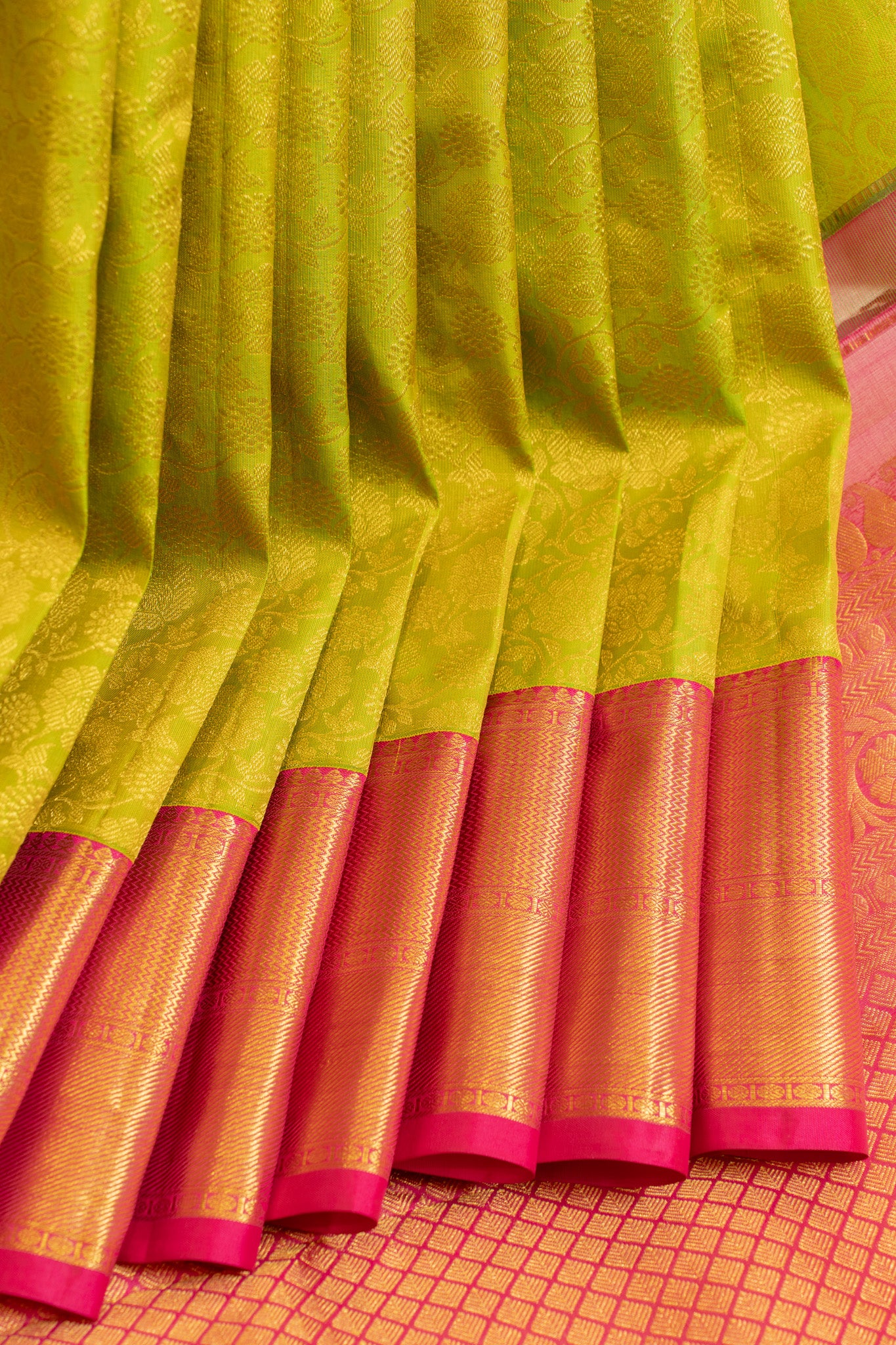 Lime green floral brocade pure Kanchipuram silk saree