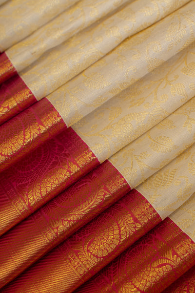 Pearl white and red floral brocade pure Kanchipuram silk saree