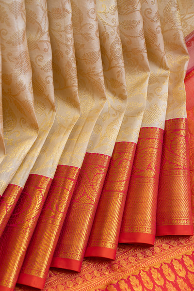 Pearl white and red floral brocade pure Kanchipuram silk saree