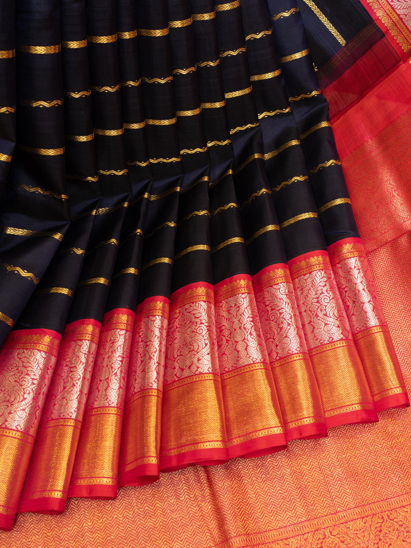 Dark blue and red neli stripes pure Kanchipuram silk saree