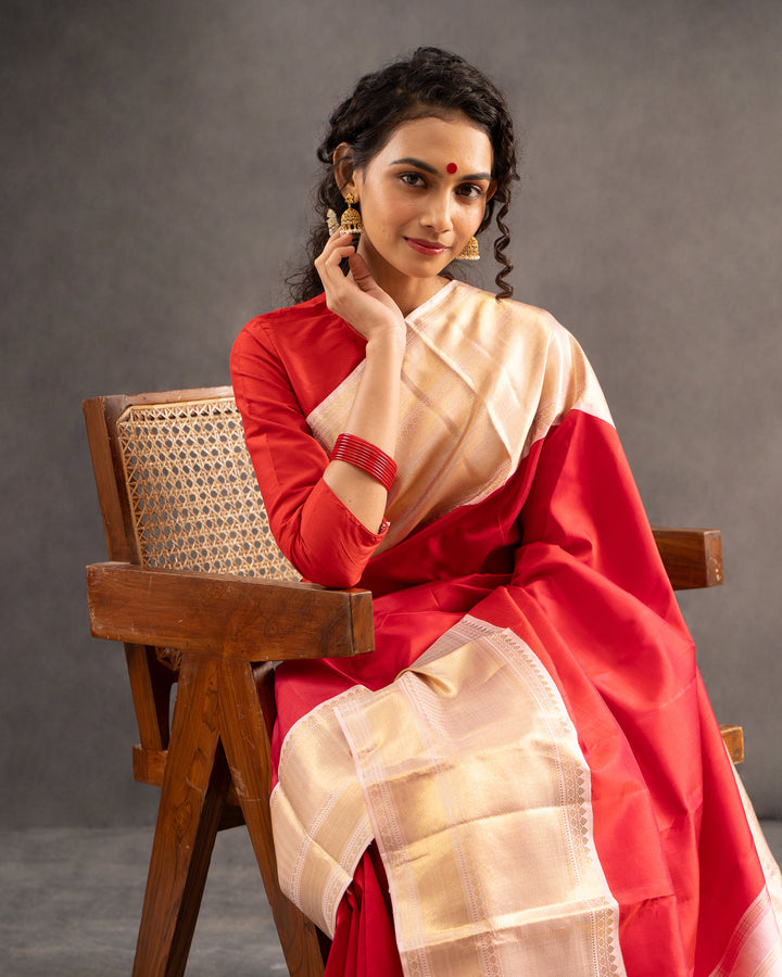 Red and Pink Pure Zari Kanchipuram Silk Saree - Clio Silks