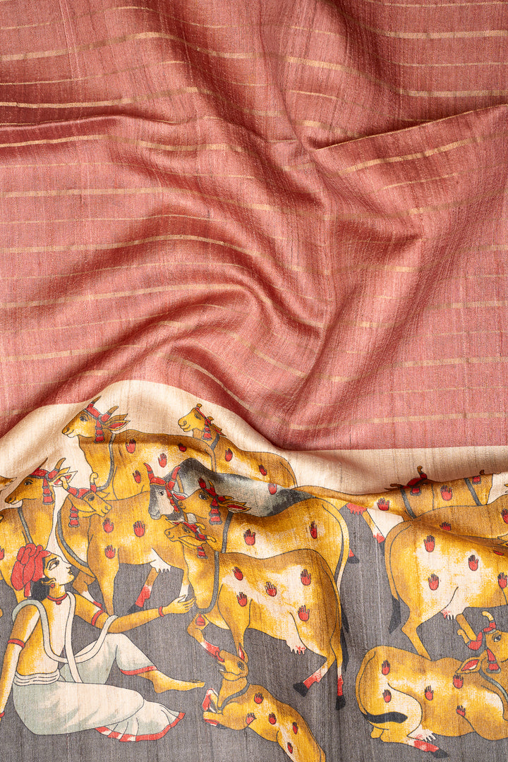 Auburn Maroon Pichwai HandPrinted Pure Tussar Saree - Clio Silks