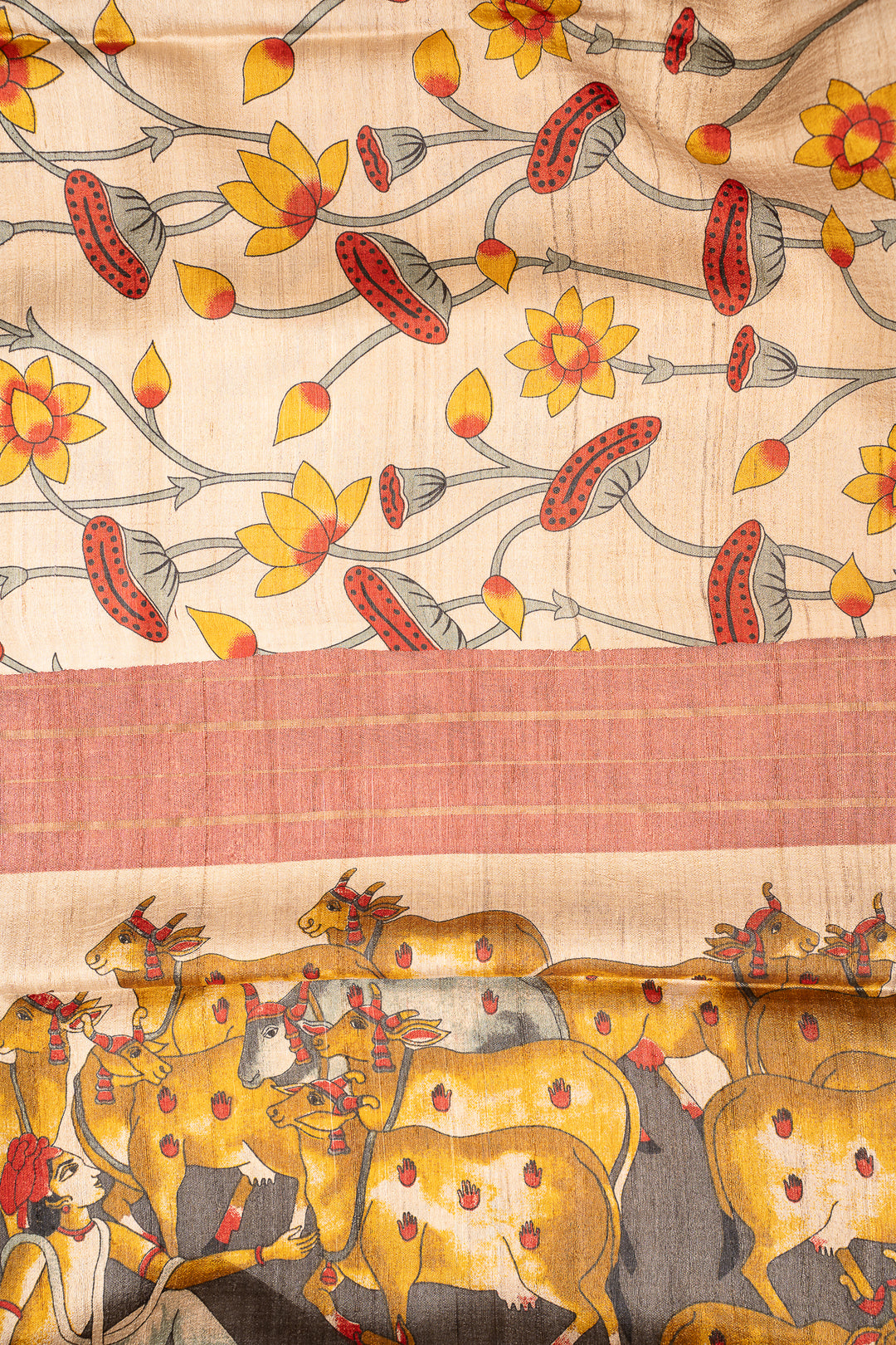 Auburn Maroon Pichwai HandPrinted Pure Tussar Saree - Clio Silks