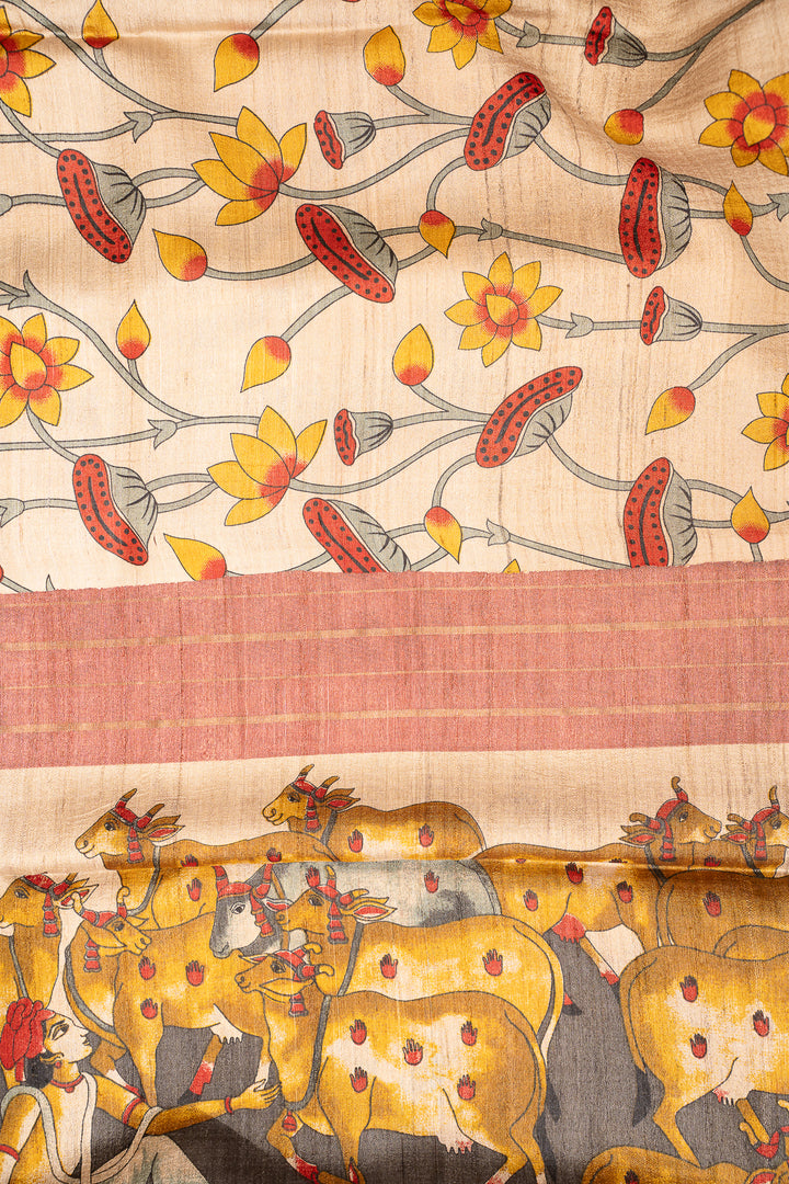 Auburn Maroon Pichwai HandPrinted Pure Tussar Saree - Clio Silks