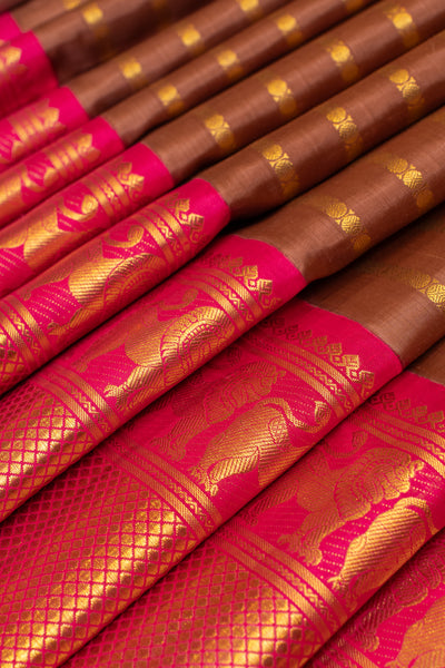 Cedar brown and magenta big border pure Kanchipuram silk saree