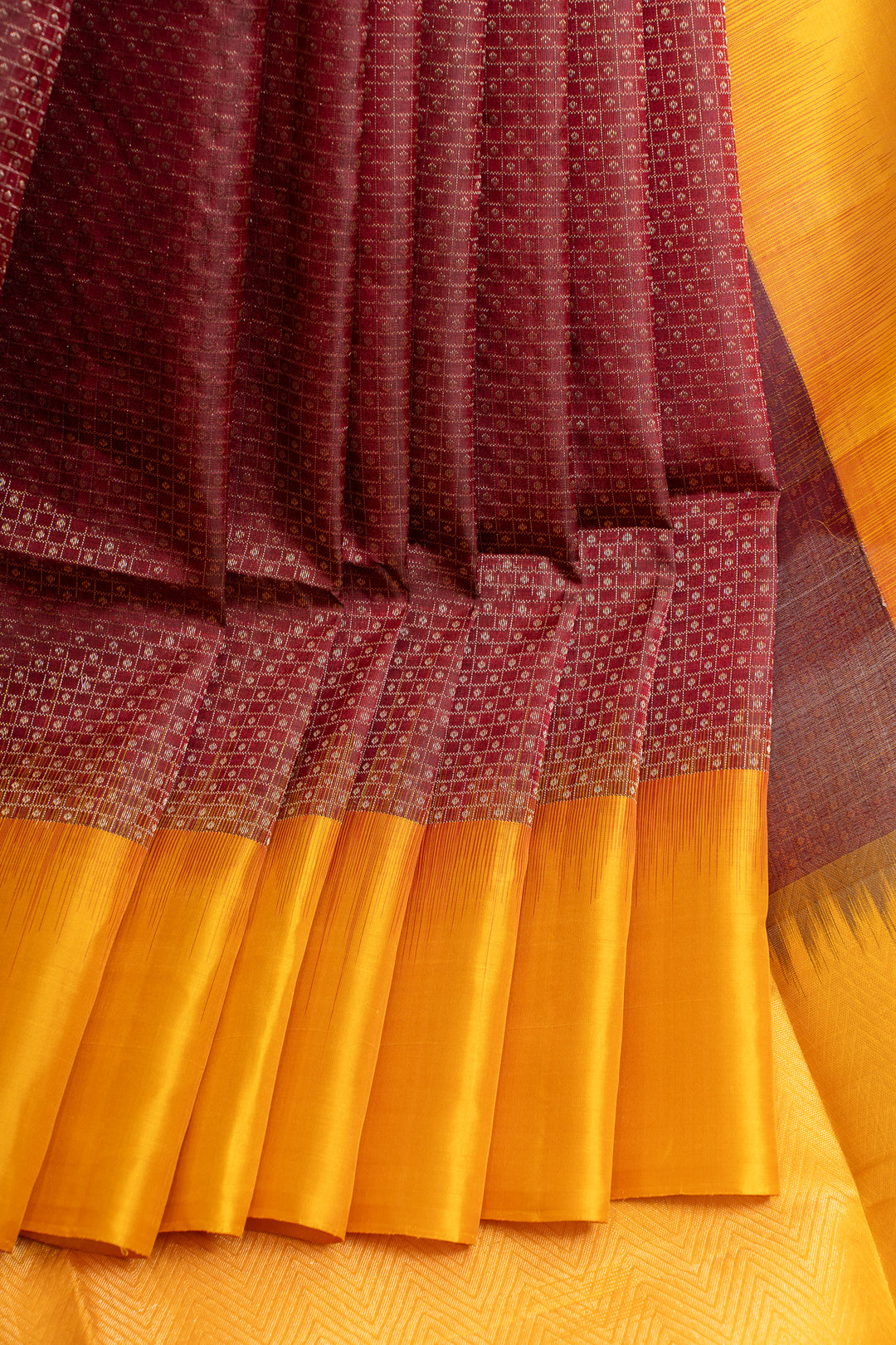 Maroon and yellow checks pure soft Silk saree
