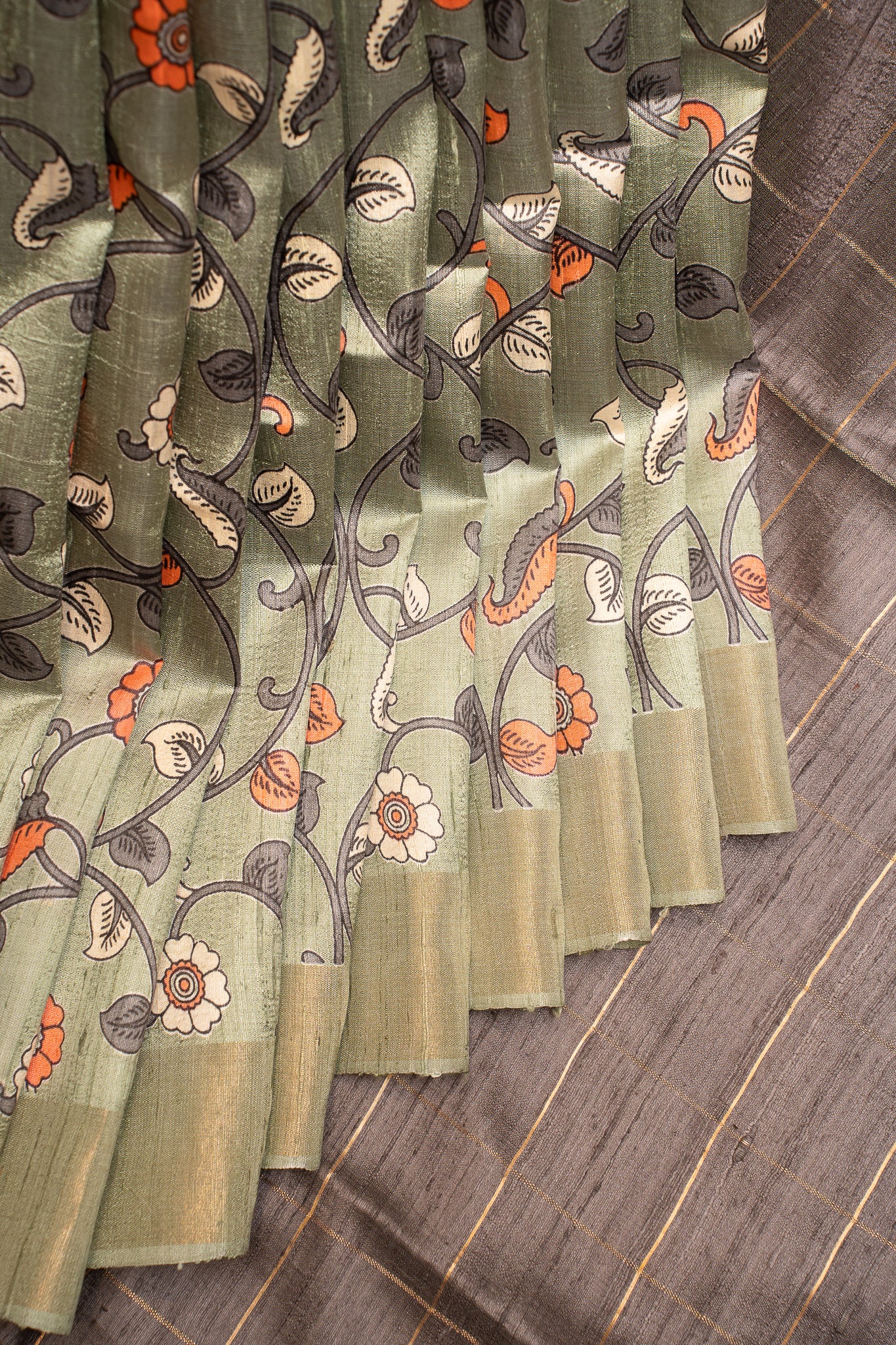 Mint Green Kalamkari Handprinted Pure Tussar Saree - Clio Silks