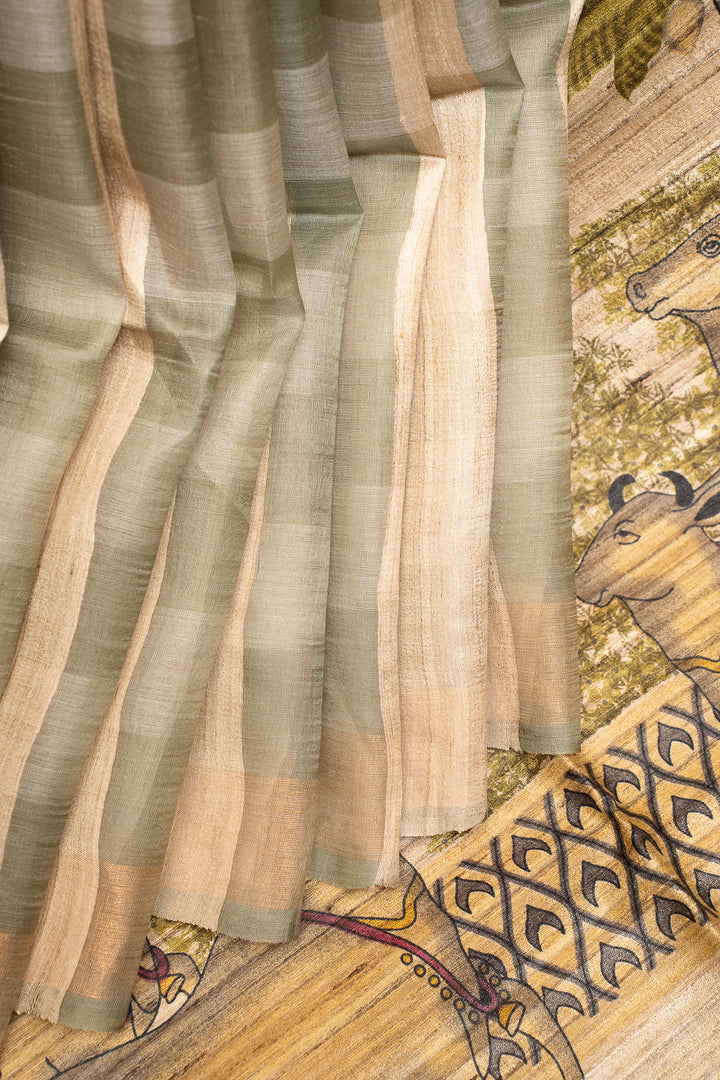 Mint Green Handprinted Pichwai Pure Organza Tussar Saree - Clio Silks