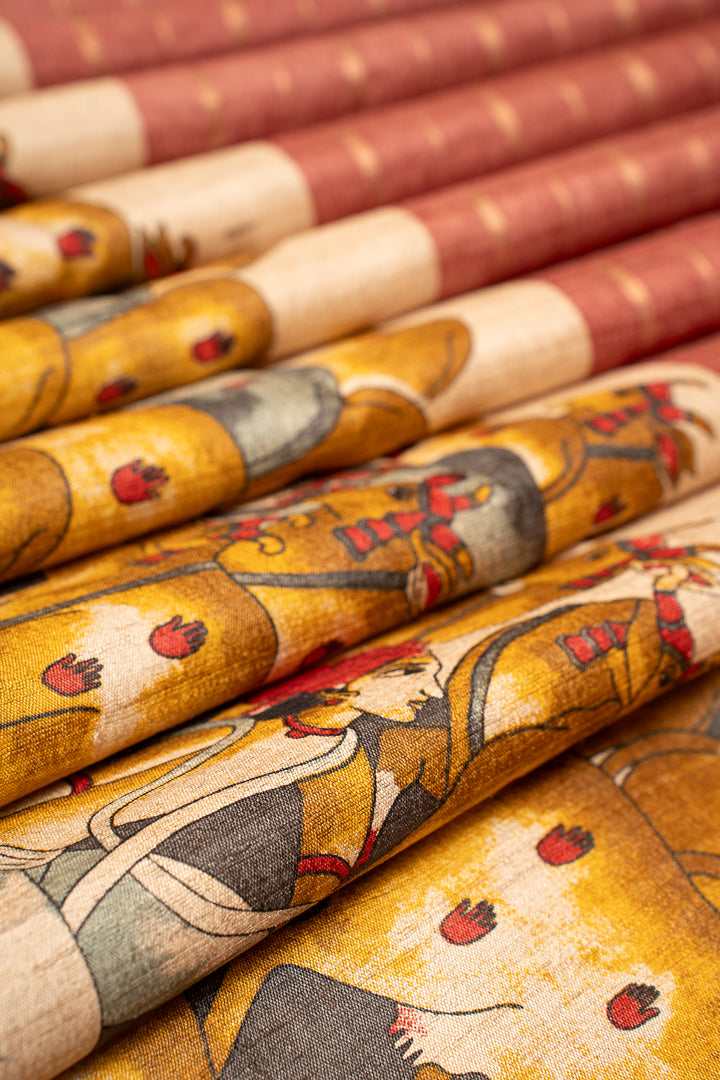 Auburn Maroon Pichwai HandPrinted Pure Tussar Saree - Clio Silks