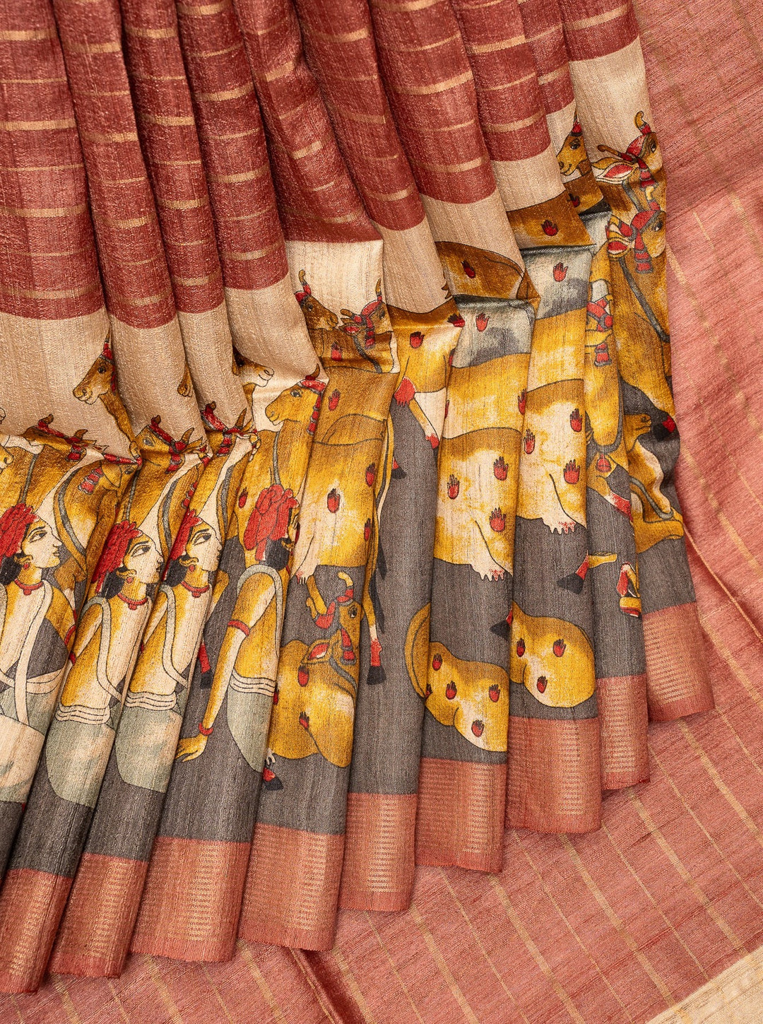 Auburn Maroon Pichwai HandPrinted Pure Tussar Saree - Clio Silks