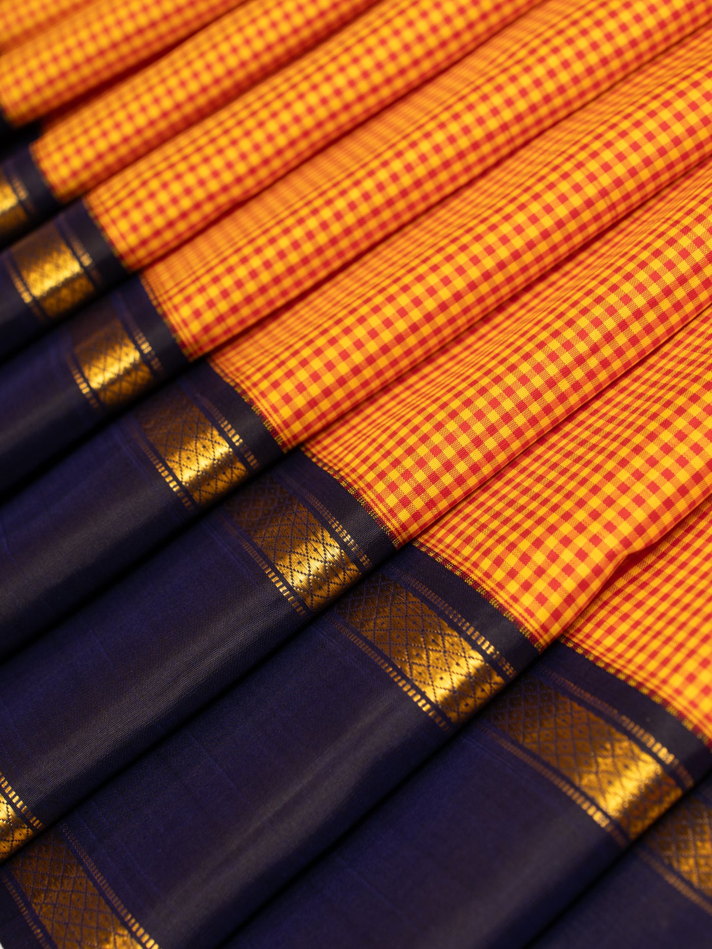 Orange and navy blue checks pure Kanchipuram silk saree