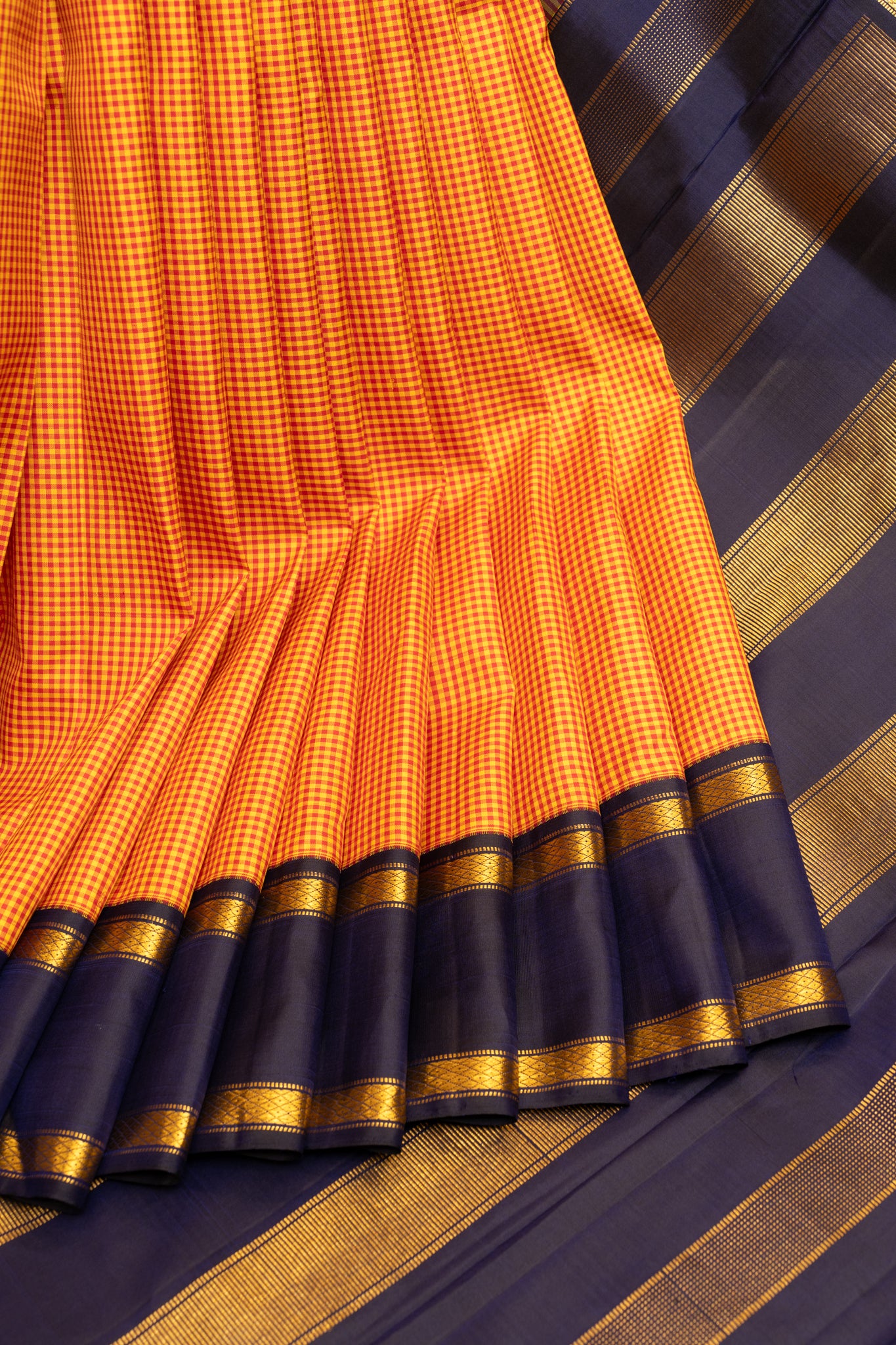 Orange and navy blue checks pure Kanchipuram silk saree