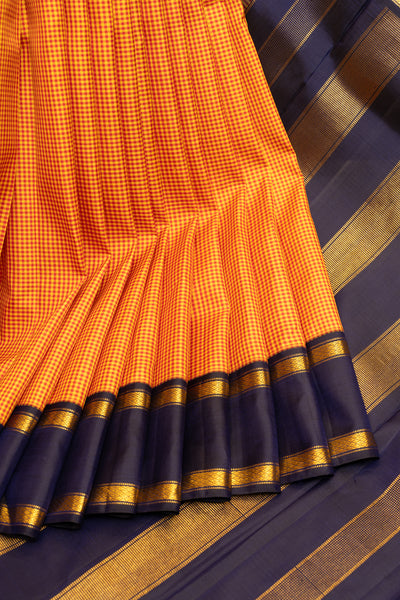 Orange and navy blue checks pure Kanchipuram silk saree