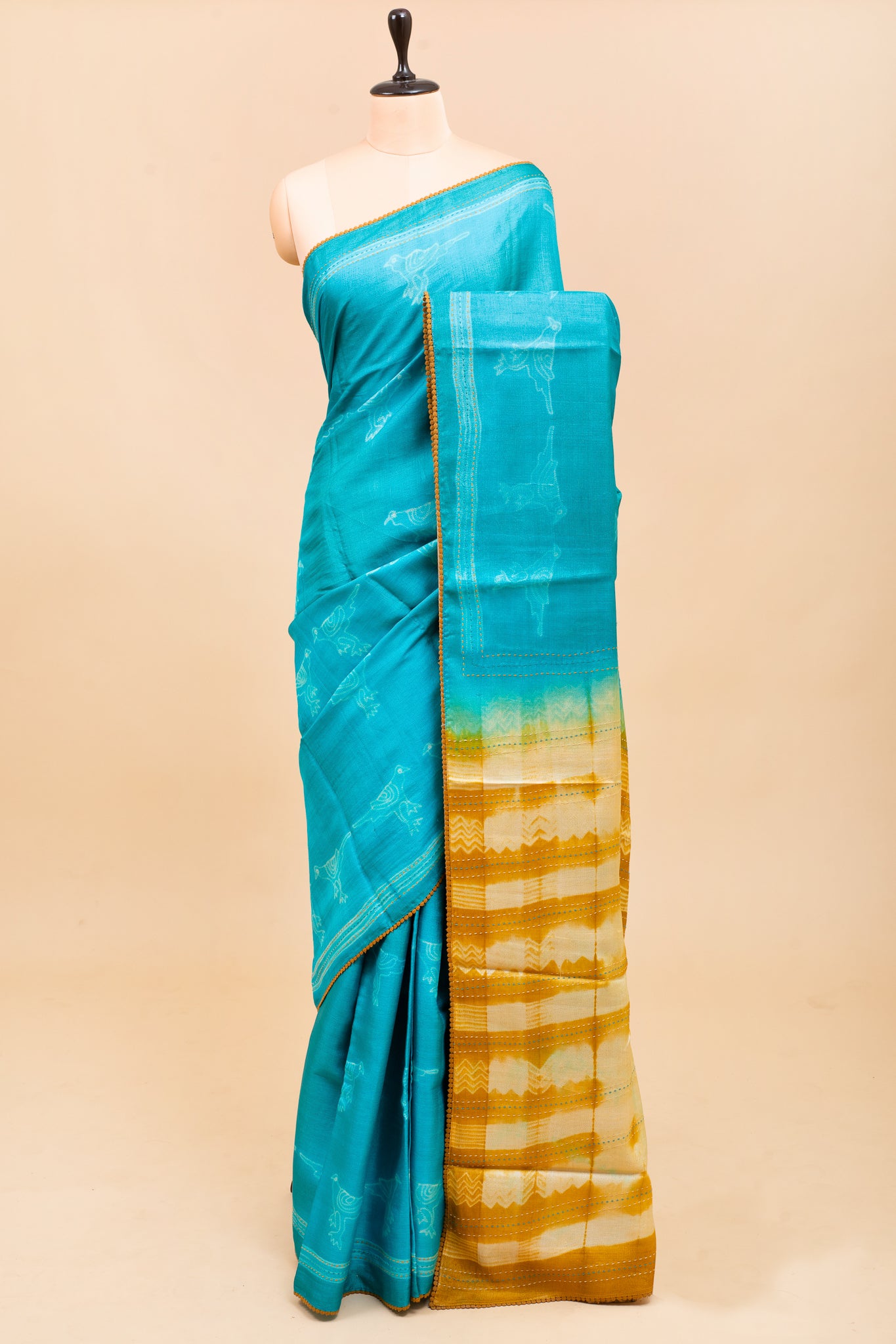 Ocean Blue and Mustard Pure Shibori Tussar Saree