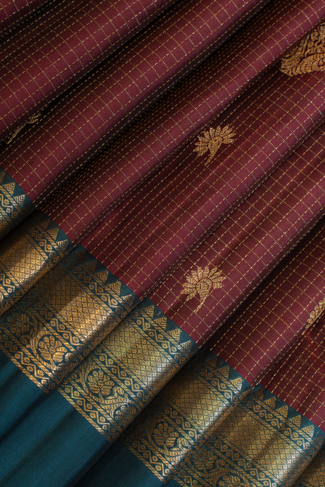 Maroon and blue vairaoosi checks pure Kanchipuram silk saree