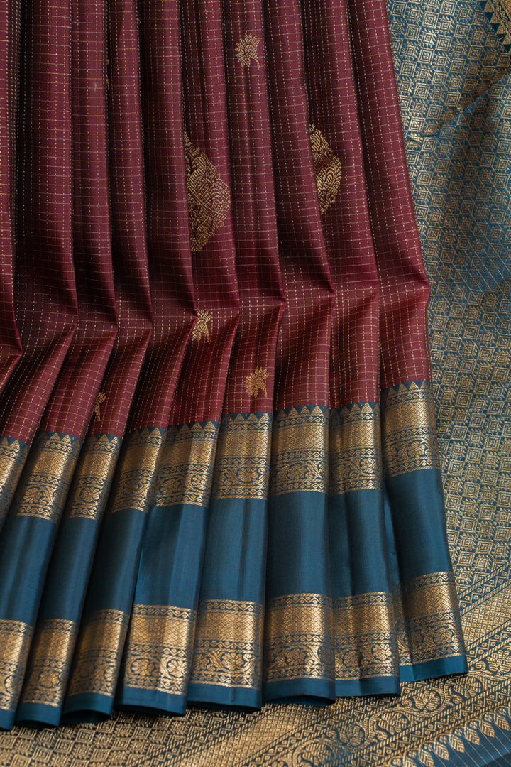 Maroon and blue vairaoosi checks pure Kanchipuram silk saree