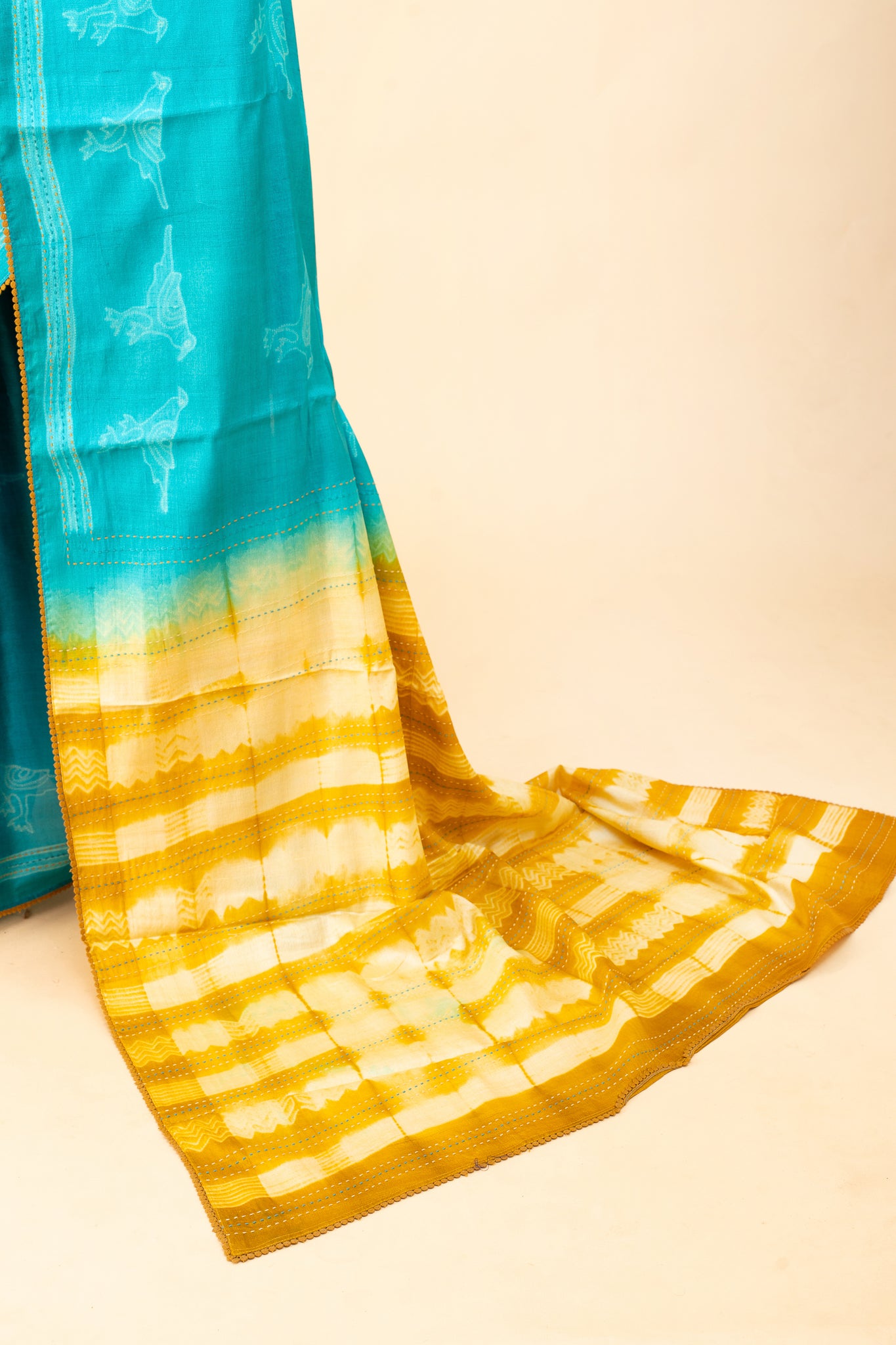 Ocean Blue and Mustard Pure Shibori Tussar Saree