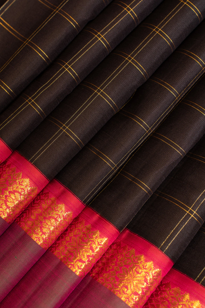 Dark blue and peach zari checks rettai pettu pure Kanchipuram silk saree