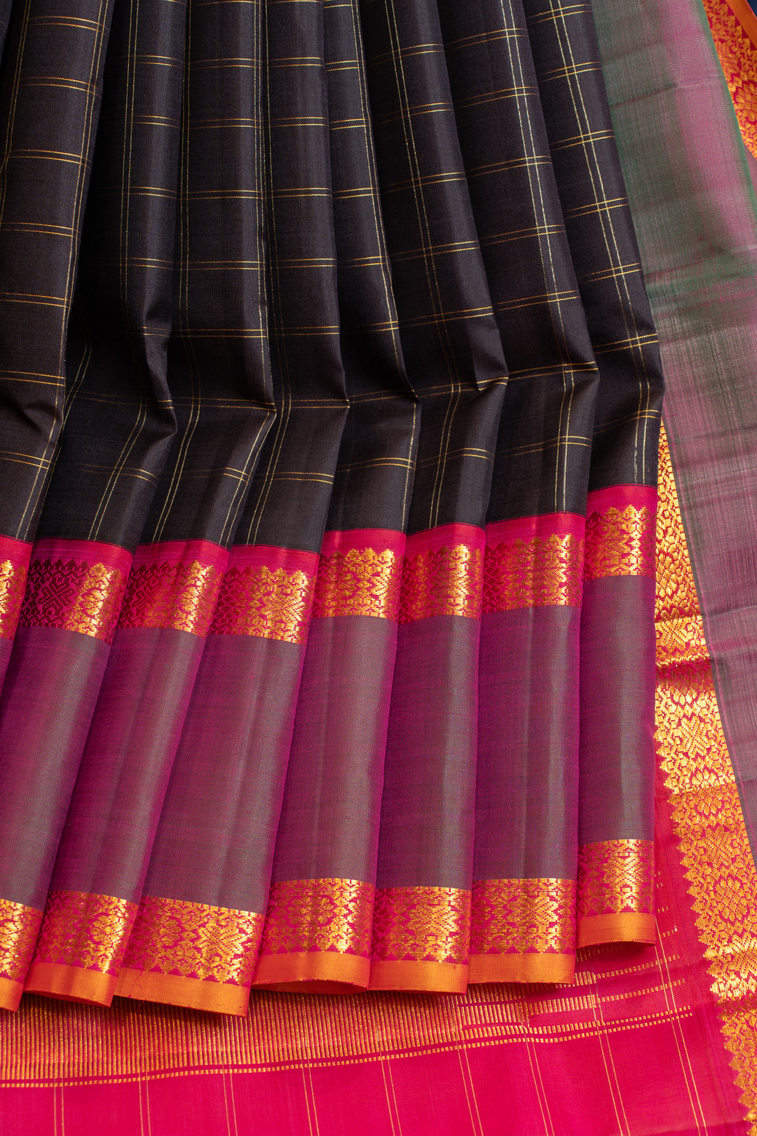 Dark blue and peach zari checks rettai pettu pure Kanchipuram silk saree