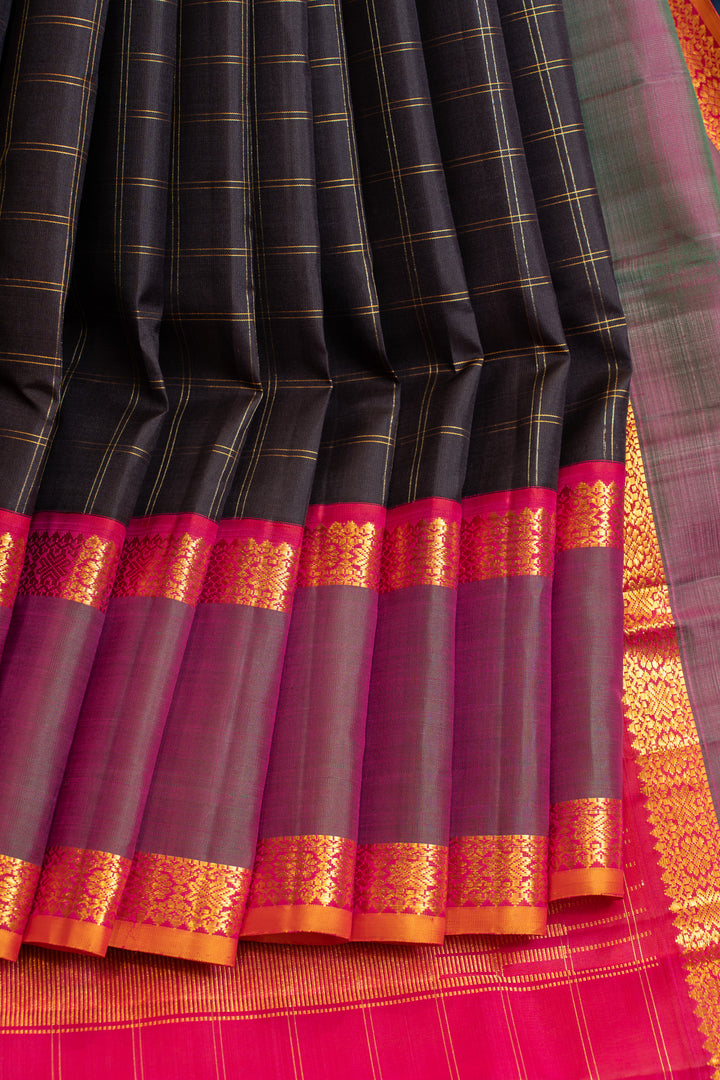Dark blue and peach zari checks rettai pettu pure Kanchipuram silk saree