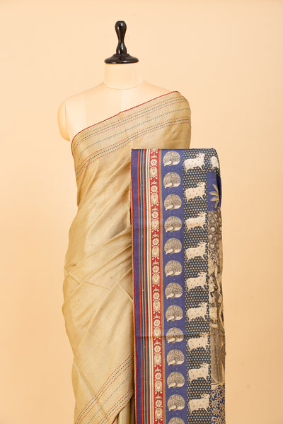 Khaki Gold Kantha Blue Dupian Pure Tussar Saree