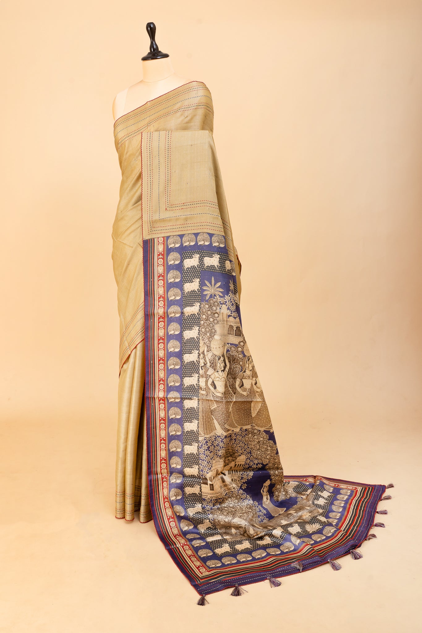 Khaki Gold Kantha Blue Dupian Pure Tussar Saree