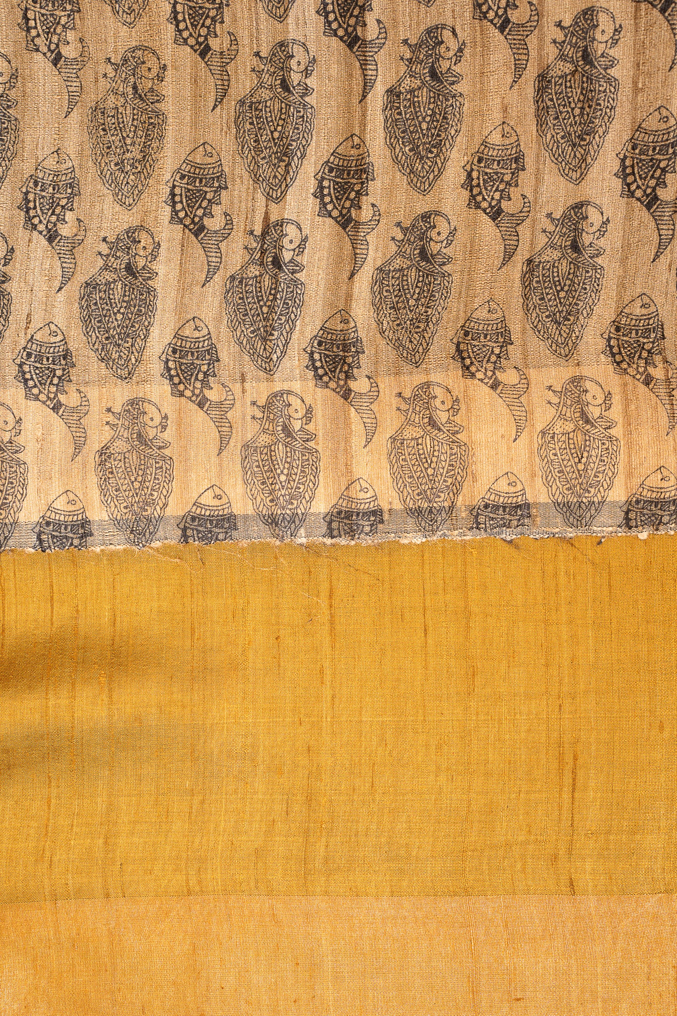 Mustard Madhubani Handprinted Pure Tussar Saree - Clio Silks
