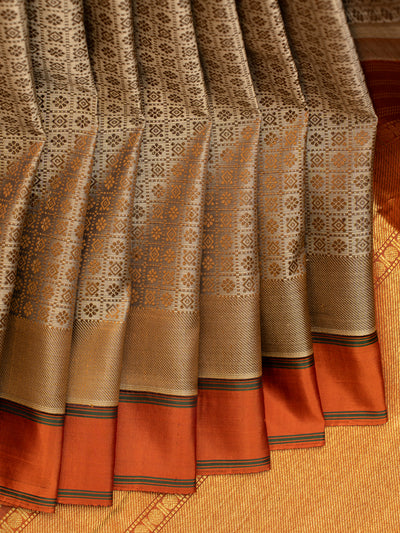 Grey beige thread brocade pure Kanchipuram silk saree