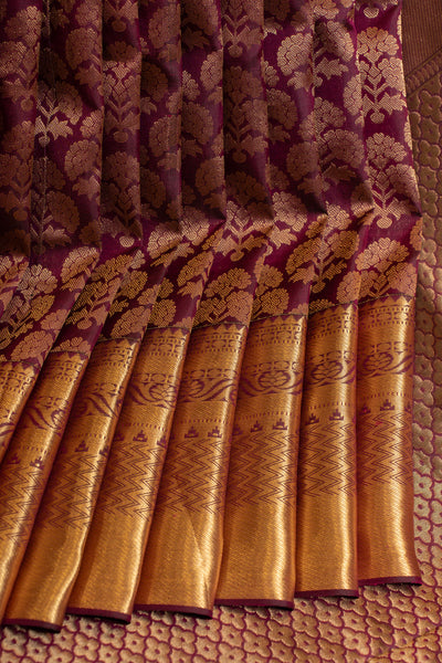 Wine purple floral brocade pure soft silk saree