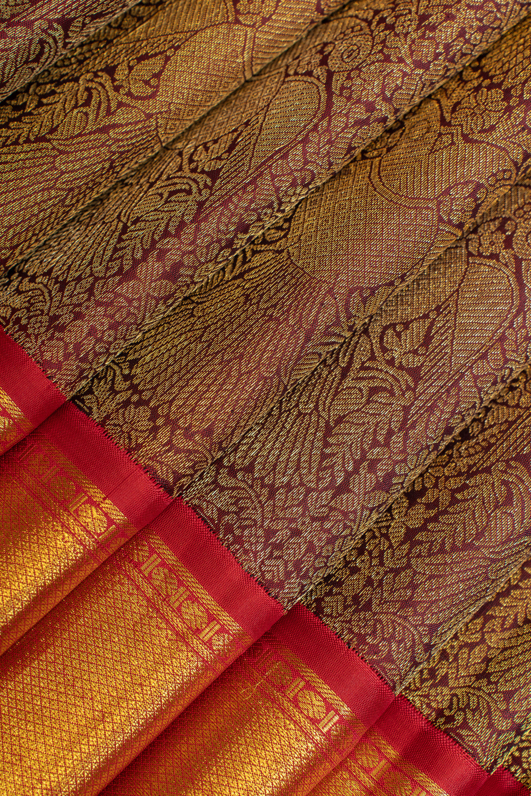 Sangria red iruthalaipakshi brocade pure Kanchipuram silk saree